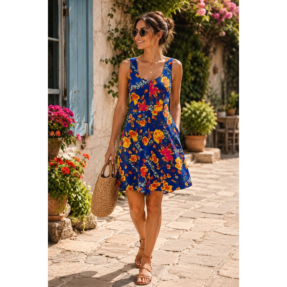 Anthropologie Tracy Reese Blue Floral Fit and Flare Scoop Back Dress Size 12
